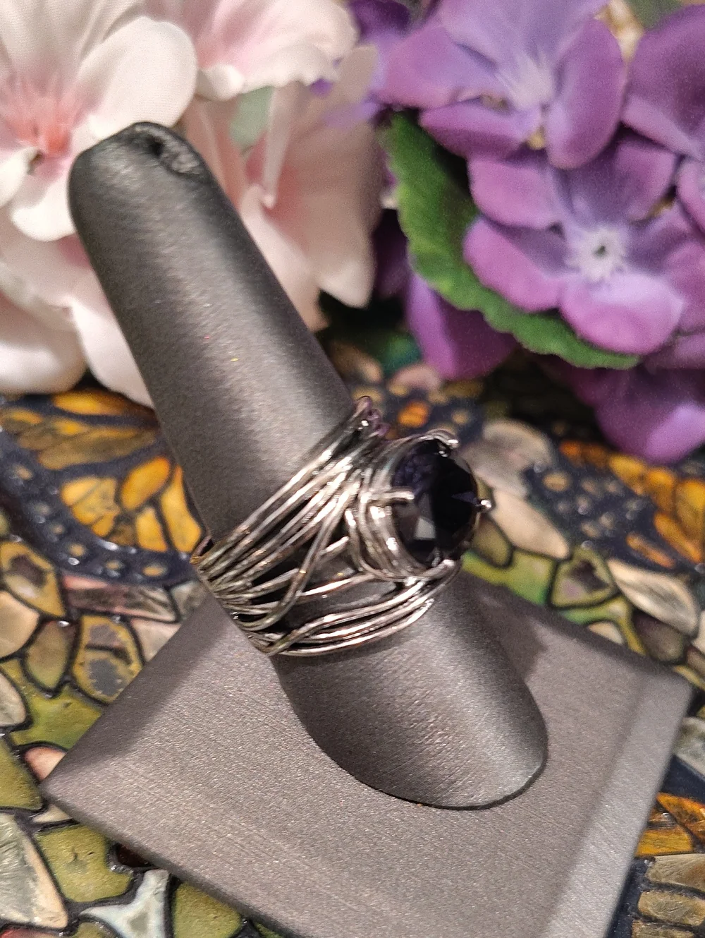 Amethyst Glass Stone Silver Boho Fashion Ring - Size 8